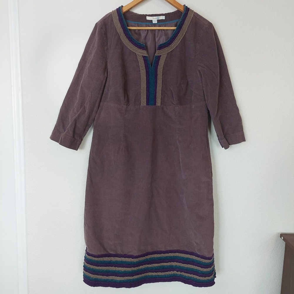 Boden Corduroy Embroidered Split Neck Shift Dress Size 12 Long